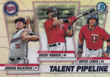 Load image into Gallery viewer, 2020 Bowman - Talent Pipeline Trios Chrome Refractor Insert: #TP-MIN Brent Rooker / Royce Lewis / Jordan Balazovic