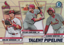Load image into Gallery viewer, 2020 Bowman - Talent Pipeline Trios Chrome Refractor Insert: #TP-STL Dylan Carlson / Elehuris Montero / Nolan Gorman