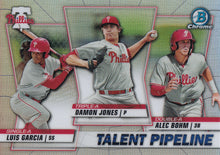 Load image into Gallery viewer, 2020 Bowman - Talent Pipeline Trios Chrome Refractor Insert: #TP-PHI Damon Jones / Alec Bohm / Luis Garcia