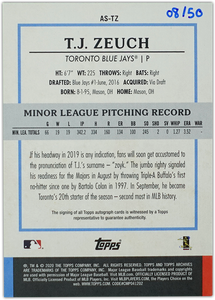 T.J. ZEUCH 2020 Topps Archives Snapshots Baseball BLUE AUTO #8/50 RC