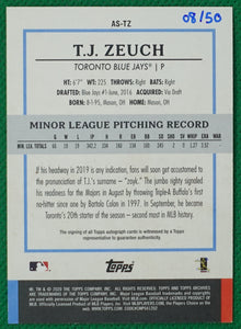 T.J. ZEUCH 2020 Topps Archives Snapshots Baseball BLUE AUTO #8/50 RC